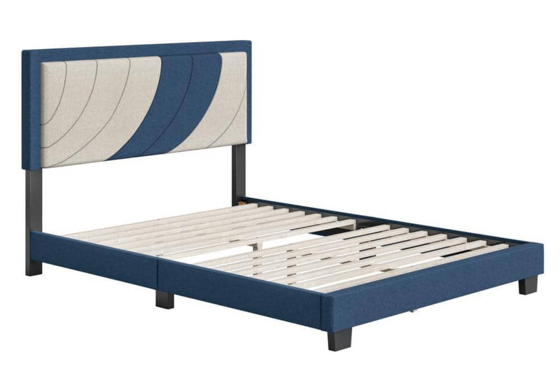 Bellissa Blue and White Linen Queen Upholstered Platform Bed Frame